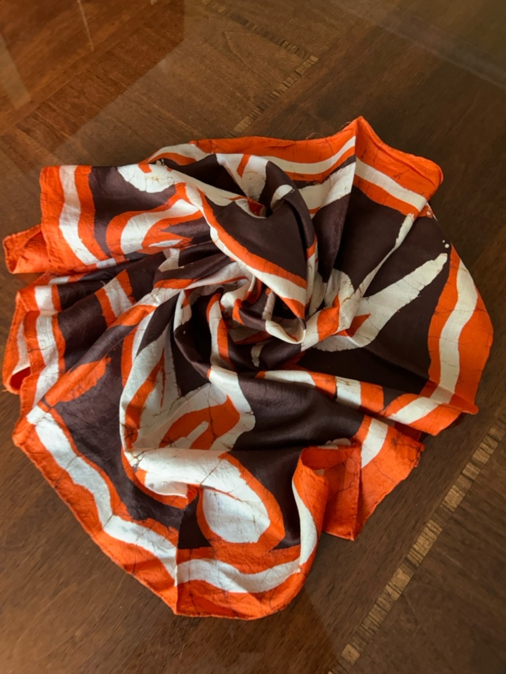 Orange Brown White Abstract Silk Scarf hand rolled and hand stitched 26“ x 26“ - Picture 8 of 8